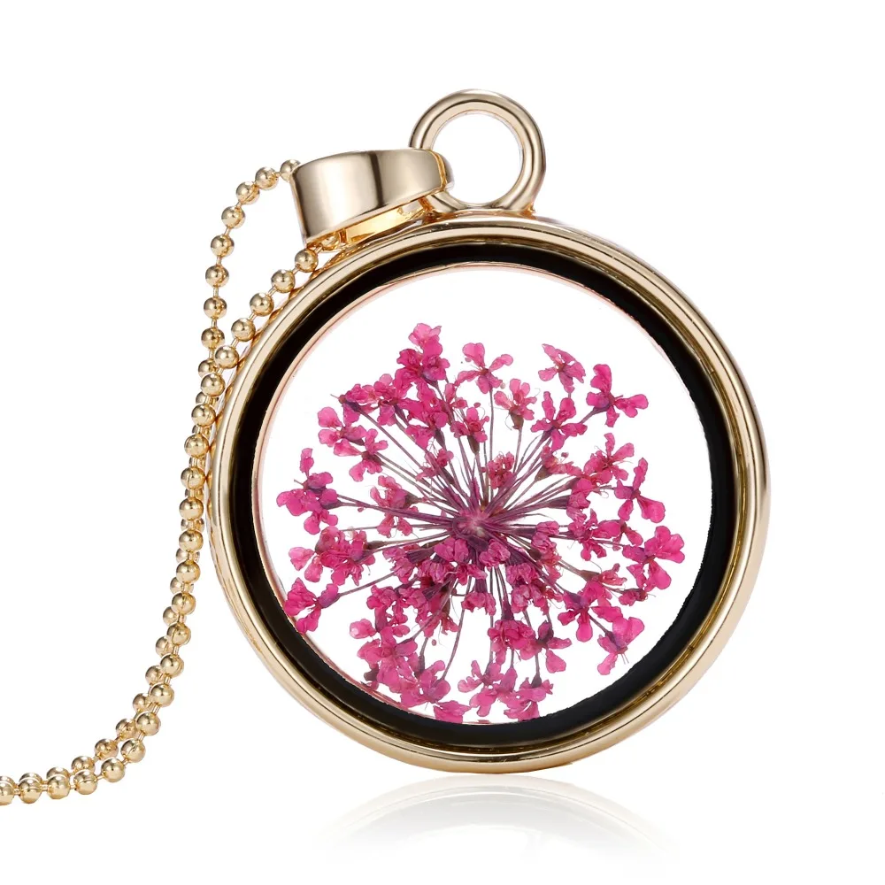 

real pink round golden dried flower necklace Women necklace jewelry gift New handmade glass necklace dry drop shipping