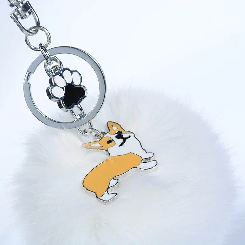 Брелок для ключей Welsh Corgi Pembroke из кроличьего меха с помпоном сплава мужчин и