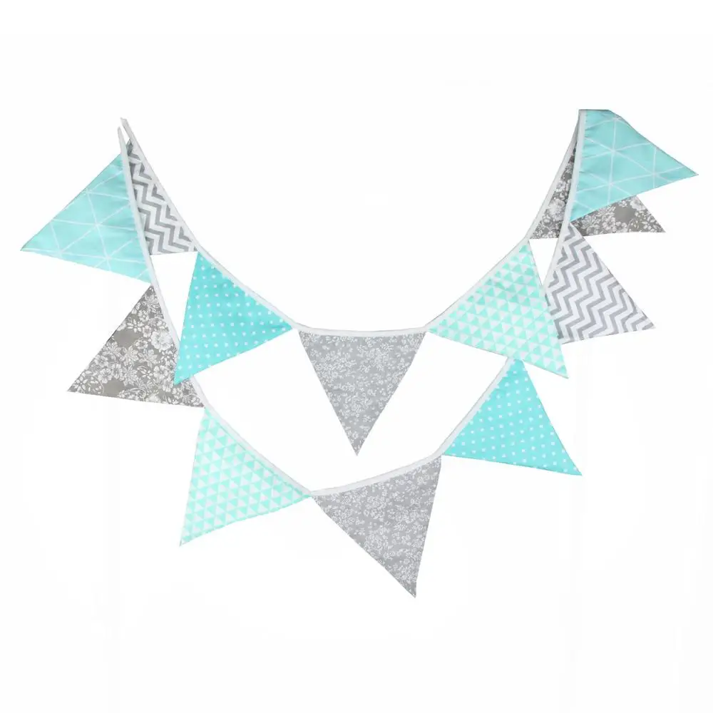 

12 Flags 3.2m Elegant Blue Grey Cotton Fabric Bunting Pennant Banner Flags Garland Baby Shower Outdoor DIY Home Room Party Decor