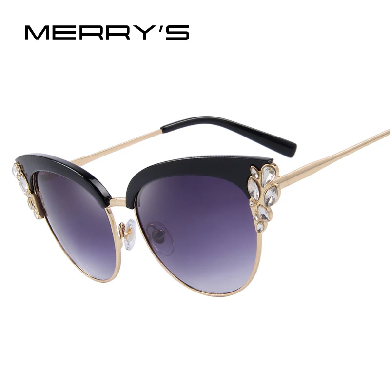 MERRY'S Women Cat Eye Sunglasses Fashion Flower Crystal Decoration Half Frame Butterfly Sunglasses S'8272