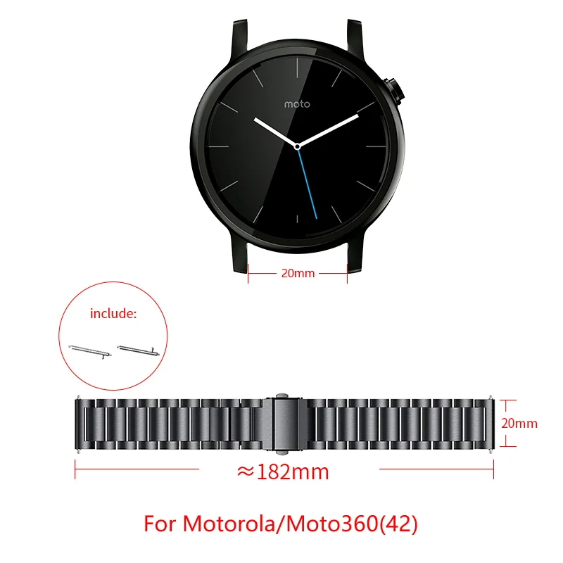 

band width 20mm Stainless steel Strap For Moto360(42) Smart Watch Folding buckle adjustable size Moto360 watch replace strap