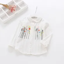 Новая Осенняя детская одежда хлопковая рубашка с длинными рукавами и цветочной вышивкой для девочек