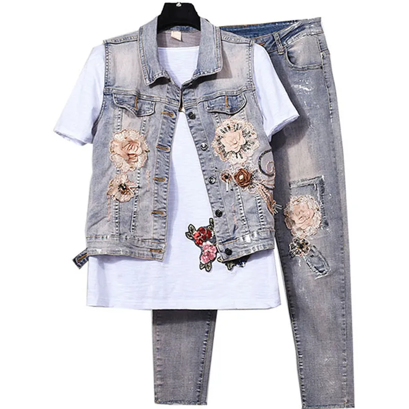 

Flower Cowboy Vest Denim Jeans Pants Suit Set Stretch Pants 2 Pieces Jean And Jacket Patchwork Lady Set Flowers Pattern