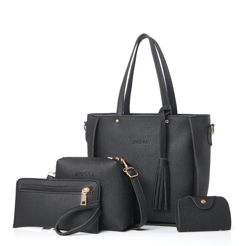 4 шт. в наборе, женская сумка, набор с верхней ручкой, большая Вместительная женская сумка с кисточками, модная сумка на плечо, сумочка, женская сумка из искусственной кожи, сумка через плечо - Цвет: black