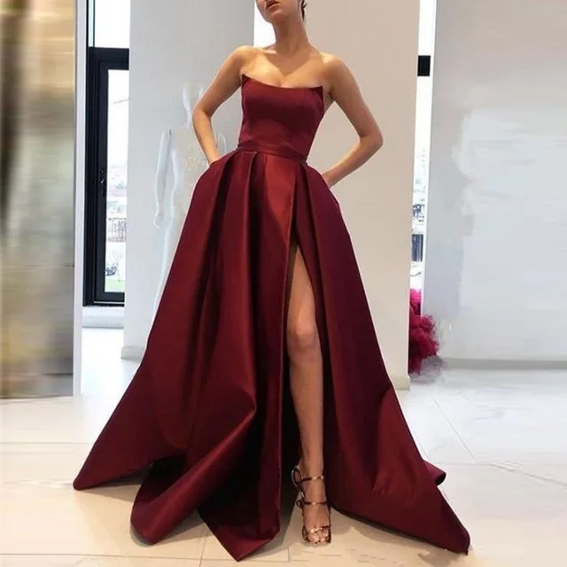 

Burgundy Split Prom Gowns Pleated Satin Custom Formal Dresses Off Shoulder Evening Party Gown A Line vestidos de festa longo
