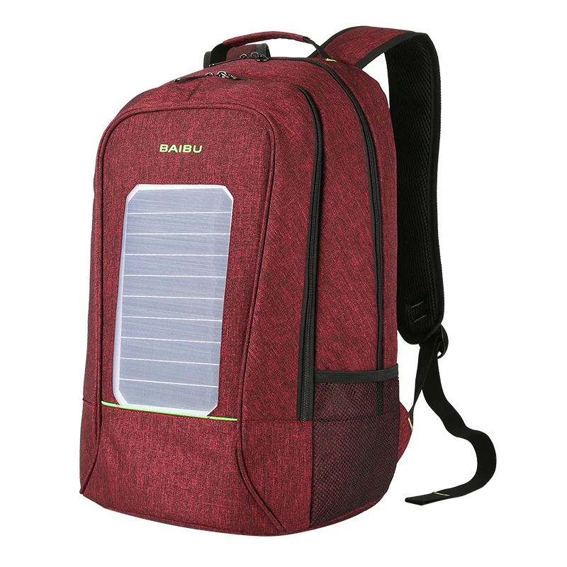Многофункциональный рюкзак с солнечной энергией для мужчин и женщин, водонепроницаемый рюкзак с защитой от воровства, 15,6 дюймов, рюкзак для ноутбука с usb зарядкой, сумки для отдыха и путешествий - Цвет: Бургундия