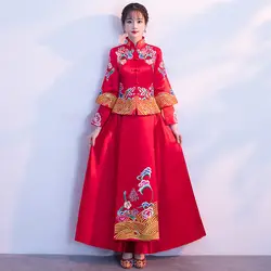 Китайский стиль для женщин Chengsam Vestidos Длинные Брак комплект Винтаж Вышивка цветок Qipao невесты свадебное платье Hanfu одежда S-XL
