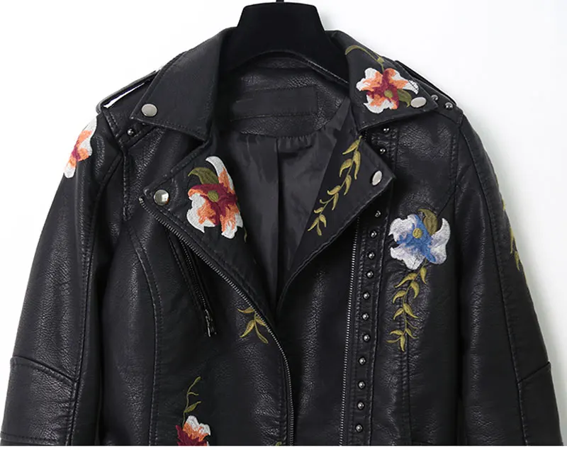 Черная кожаная куртка с цветочной вышивкой, Женская байкерская куртка в стиле панк, искусственная куртка, jaquetas couro Casaco chaquetas, куртка из искусственной кожи