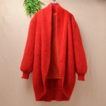 

Ladies women winter vintage christmas angora rabbit fur cardigan loose genuine mink cashmere knitwear sweater coat mantle cloak