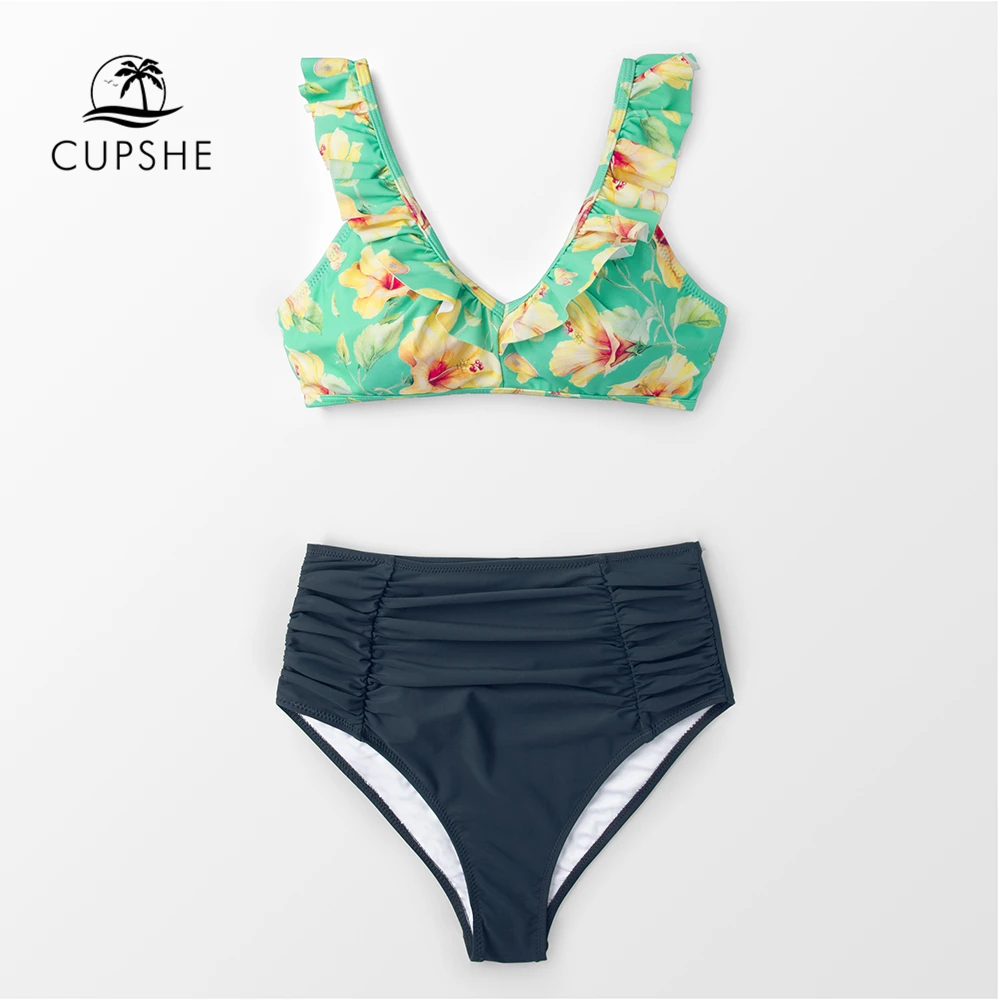 

CUPSHE Sweet Ruffled Hibiscus Ruched High Waist Bikini Sets Women Boho Two Pieces Swimsuits 2019 Girl Beach Bathing Suits