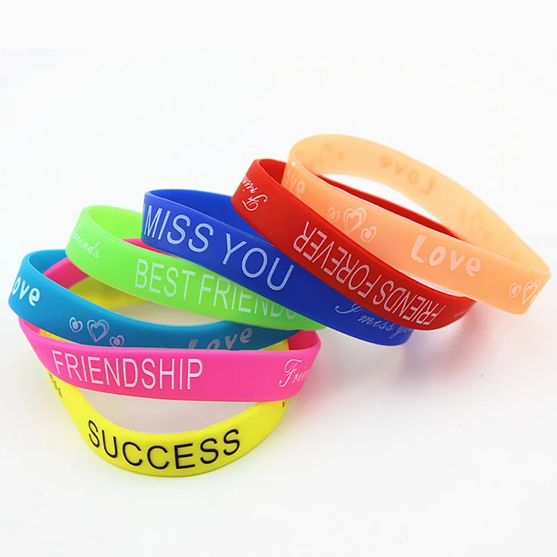 50pcs/lot 12mm Width Silicone Bands With Friendship Love Logo Printed Casual Bracelets Wholesale
