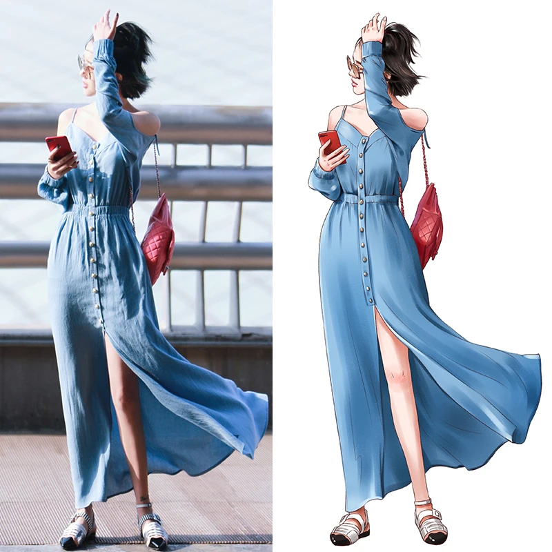 off the shoulder denim maxi dress