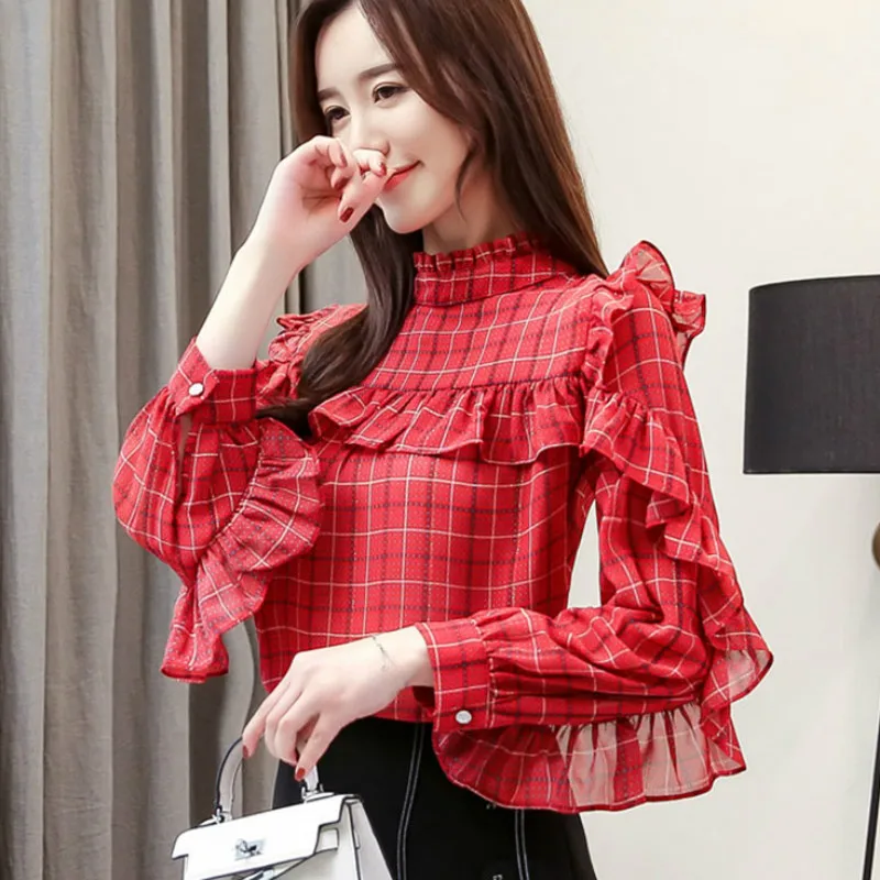 

2019 Spring Korean Long Sleeve Ruffle Shirts Women Fashion Red Plaid Shirts Lady Red Ruffles Blouses Women Plaid Chiffon Tops