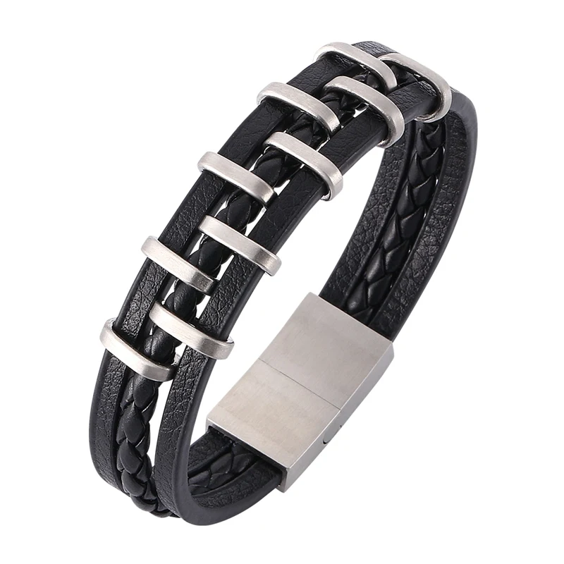 

Fashion Male Jewelry Wide Leather Bracelet Stainless Steel Magnetic Clasps Leather Bangle for Men Handmade Bracelet Chain PW822