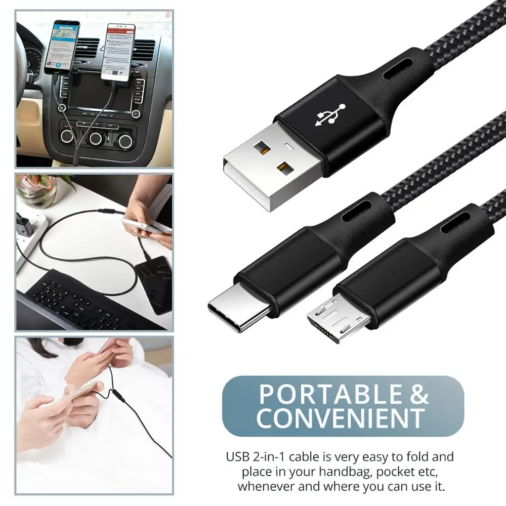 FONKEN 2 в 1 Micro usb type C кабель портативный двойной зарядки для телефона USB кабель Android Мобильный банк питания быстрая зарядка USB C шнур