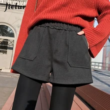 Jielur Winter Woolen Shorts Women 2019 New Korean Harajuku Loose High Waist Wide Leg Shorts M-XXL Black Dark Gray Short Feminino