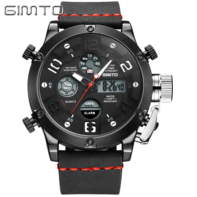 

GIMTO Outdoor Sport Quartz Watch Men Leather Strap Waterproof Mens Watches Dual Display Wristwatch Male Clock relogio masculino