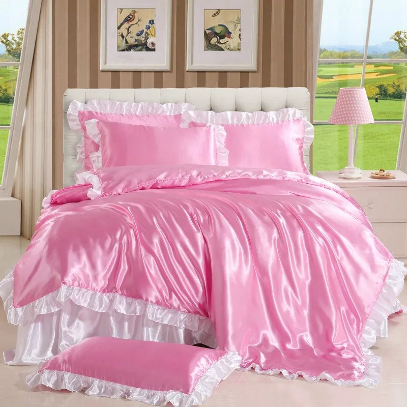 Pink Satin Silk Princess Duvet Cover Sets with White Edge Pillowcase