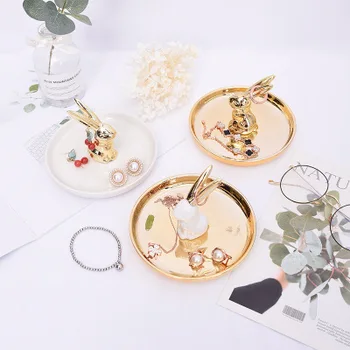 

Porcelain Makeup Organizer Gold Rabbit Design Jewelry Box Dressing Table Cosmetic Organizer Ring Necklace Display Plate Holder