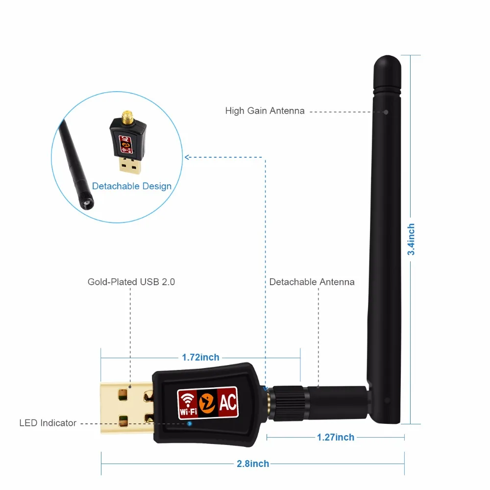 Zoweetek беспроводной миниатюрный wi-fi-адаптер 600 Мбит/с 802.11ac двухдиапазонный 2,4G/5G USB сетевой Ethernet приемник 2dBi антенна для ПК телефонов