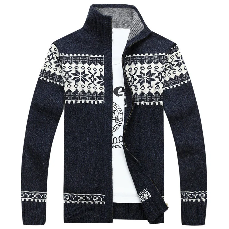 

2019 New Arrival Men Cardigan Autumn Winter High Quality Knitting Warm Snowflakes Pattern Stand Collar Cardigan Masculino