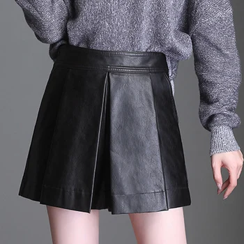 

2018 Winter Fall Casual Ladies Female High Waisted Wide Leg Black Pu Leather Shorts , Womens Spring Fashion 3xl 4xl Shorts