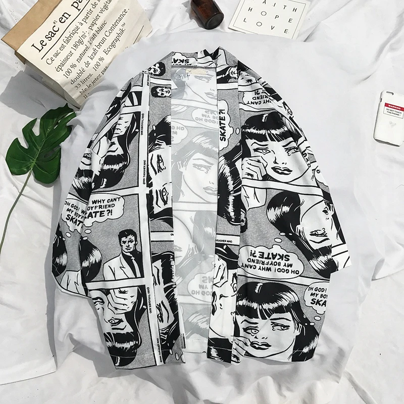Open Stitch Kimono Jacket Men 2018 Summer Full Print Men's Jacket Three Quarter Sleeve Thin Style Mens Clothing