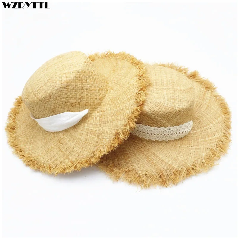 

2019 New Girls UV Sun Hat large kids Wide Brim Summer Beach Hats Natural Flat Top Ribbon Rope Tie Travel Hat Kentucky Derby Cap