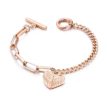 

Romantic Stainless Steel Coin/Wing/heart Bangles Bracelet For Women steel/Rose Gold girl Link Chain Cuff Jewelry Drop Shipping