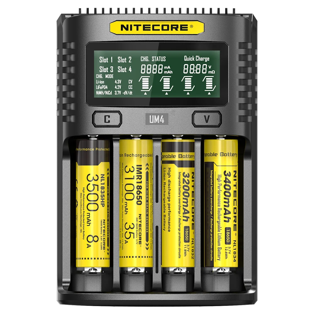 NITECORE UM4 интеллектуальное USB lcd зарядное устройство Li-Ion IMR LiFePO4 18650 14500 26650 автоматическое Универсальное зарядное устройство s