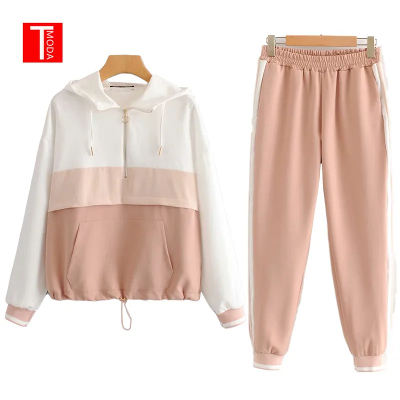 Ceny 2019 zestaw kobiet Vintage kontrast kolor Baseball Bomber sweter kurtka kobiet topy i ołówek spodnie do joggingu garnitury zestawy dwuczęściowe
