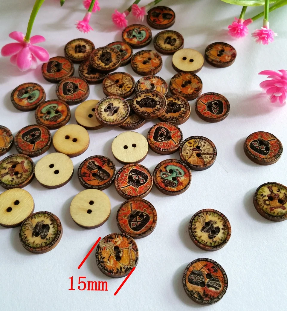 

50 PCS/set DIY Novelty Retro print 2 Holes 15mm Clothes Wood Sewing Button Scrapbooking Knopf Buttons Sewing Accessories