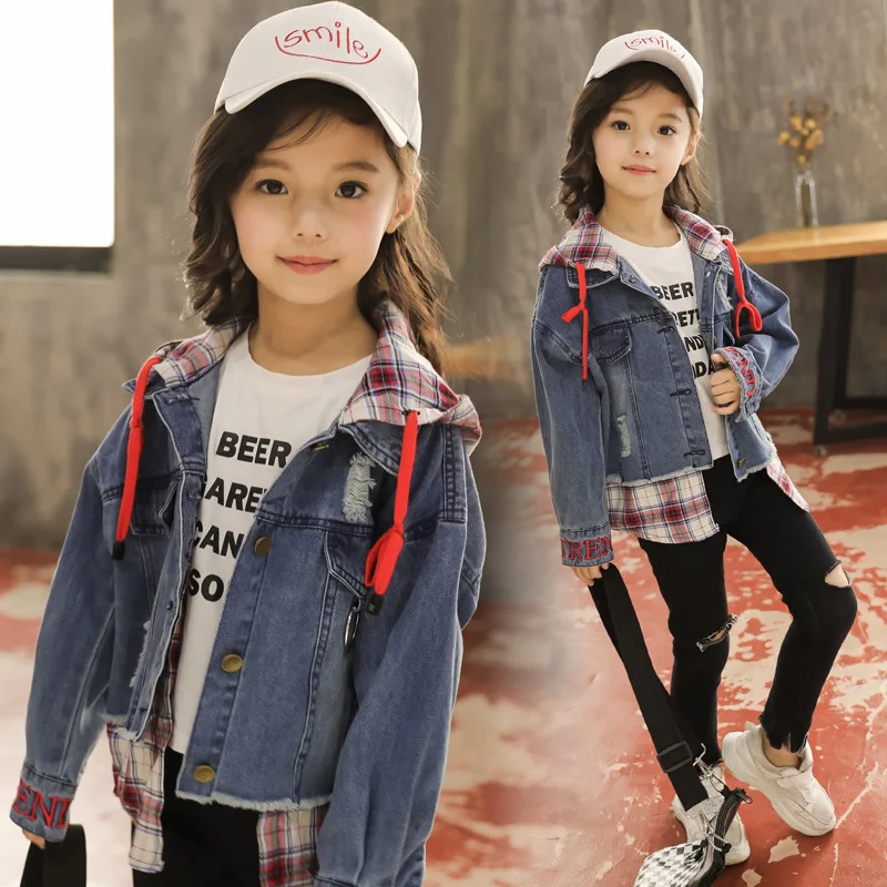 

Kids Girls Long Sleeve Plaid Hoody Tops Denim Coats Jeans Jacket Clothing Fashion Children Outerwear Cowboy Hooded 8 12 Years