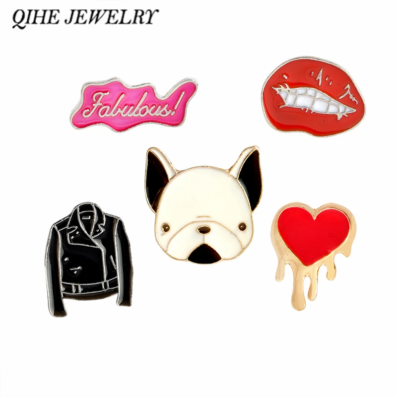 

QIHE JEWELRY Vintage Style Red Lips Heart Puppy Jacket Lapel Pin Hard Enamel Brooch For Women collar badge