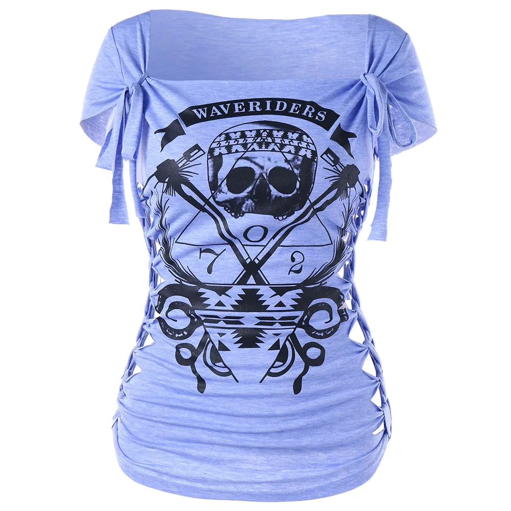 

Rosegal Plus Size S-2XL Skull Print Braided Shredding T-shirt Women Casual Square Neck Short Sleeve Graphic Top Lady Pullover