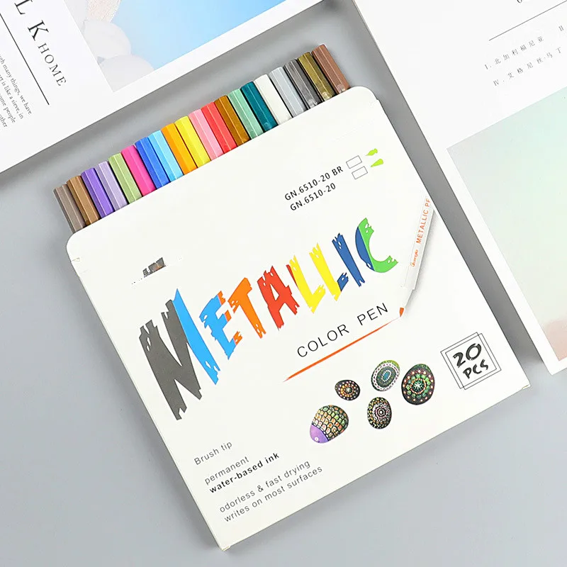 

20 Colors Marker Pen Metal Color Black Card Diy Scrapbooking Soft Brush Pen Art Marker Pen for Stationery School Supplies