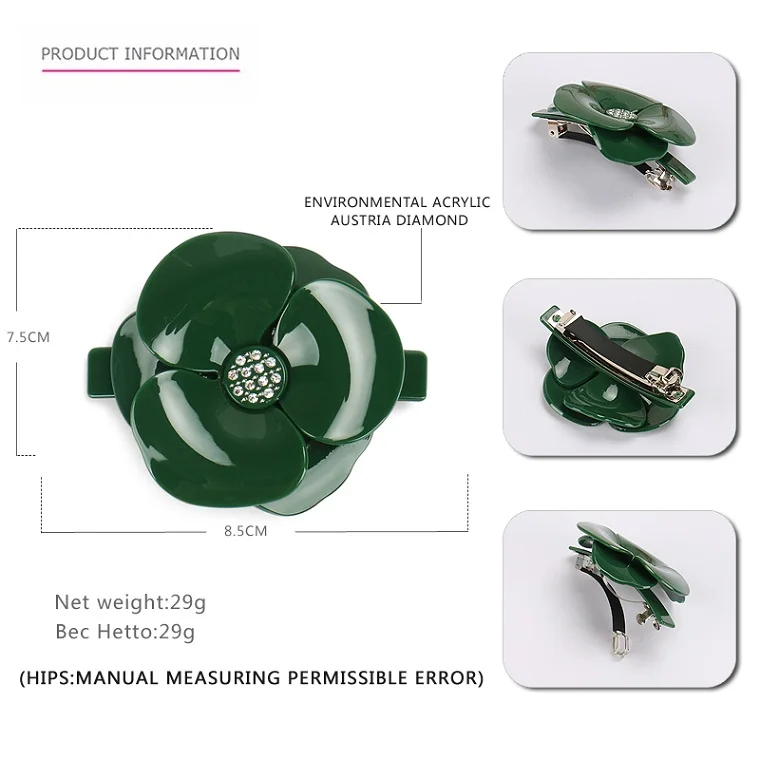 Заколки для волос с цветами в виде камелии, зажим, прозрачные стразы паве AS5076 - Цвет: green