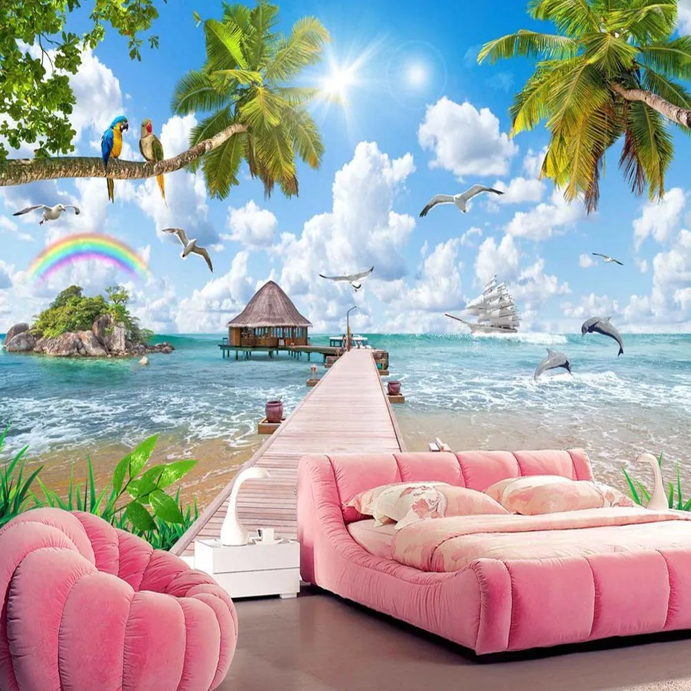 3D 5D 8D Blue Sky Maldives Sea Beach Bird Wallpaper Mural for ...