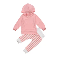 Коллекция года, модные однотонные Топы с капюшоном и длинными рукавами для маленьких мальчиков и девочек+ штаны в полоску, комплект одежды, От 6 месяцев до 5 лет