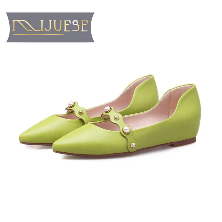 

MLJUESE 2018 women flats green color string bead pearls soft flats spring comfortable casual flats party dress shoes size 33-43