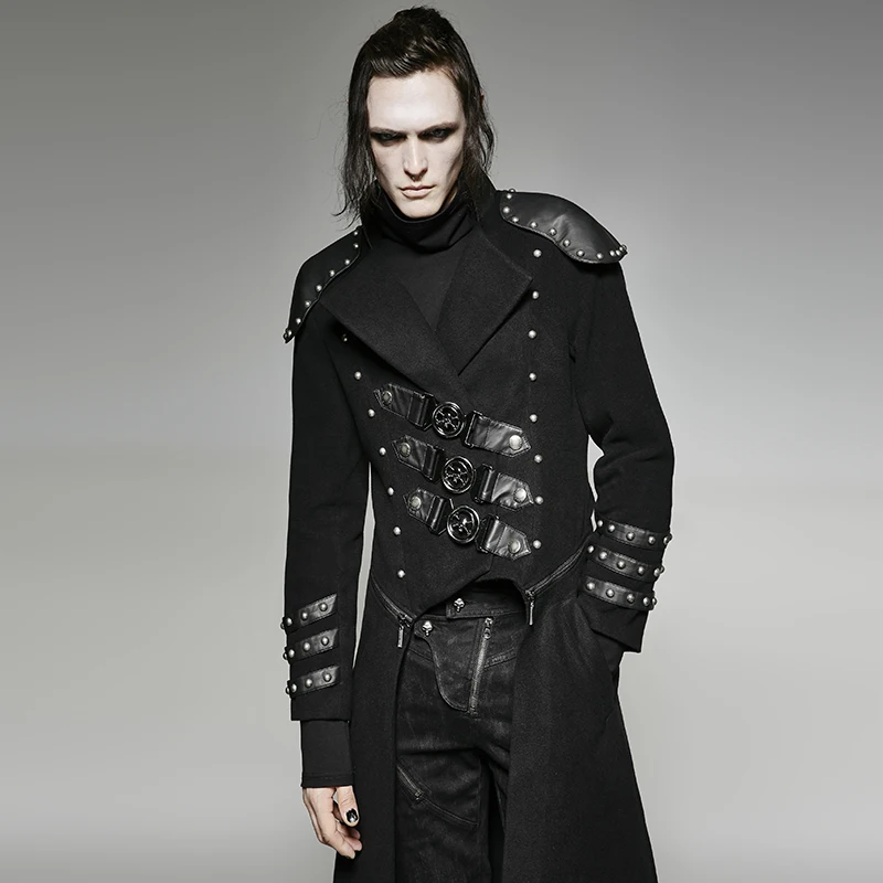 

Steampunk Black Handsome Men Long Jackets And Coats Winter Military Punk Gothic Vintage Rivet Long Sleeves V-Neck Warm Coats