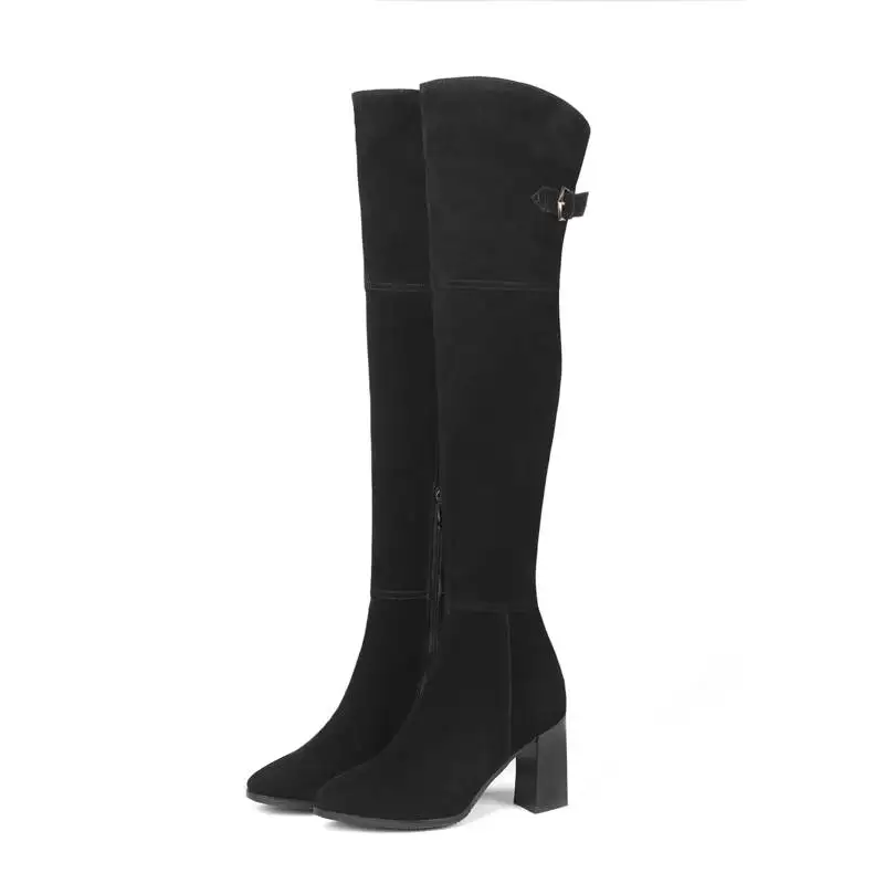 Negro Sobre Botas Sexy Tacón Cuero Otoño Rodilla De La Zapatos Para Alto Con Superior Mujer Calidad Morazora Cremallera Gamuza Vaca 2018 Invierno FOqpO75w1
