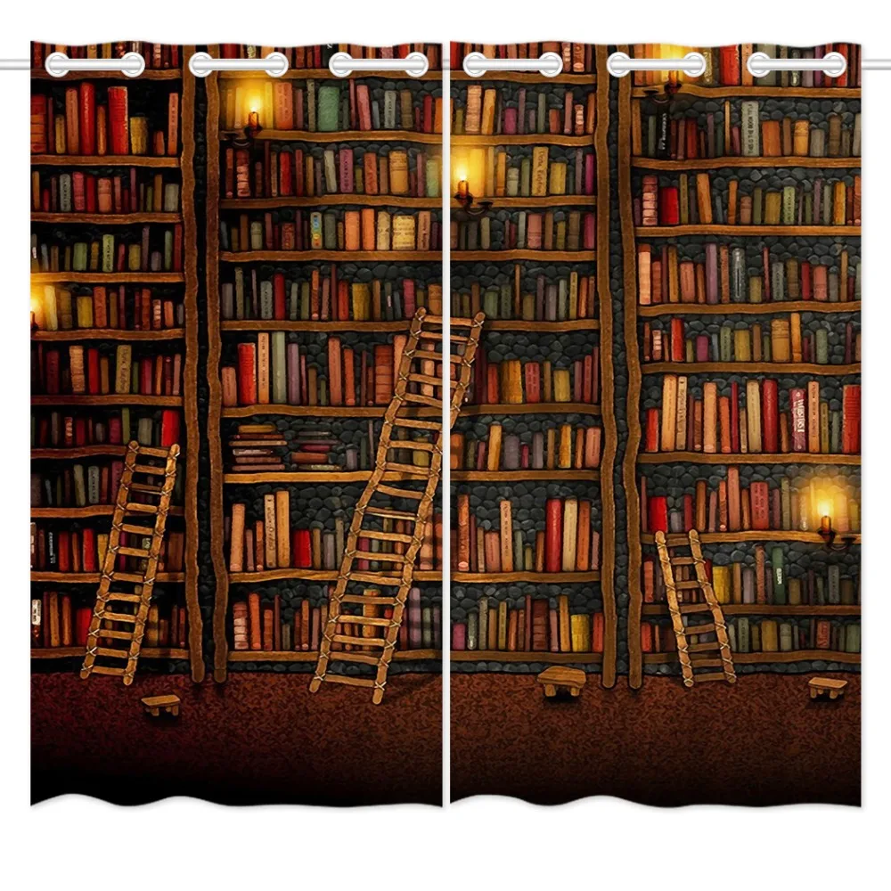 

HommomH Curtains (2 Panel) Grommet Top Darkening Blackout Room Color Bookshelf Ladder Light