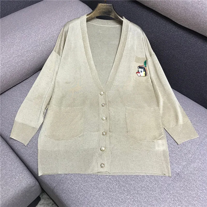 

Luxury Designer Brand Knitted Sweater for Women V Neck Cartoon Sequined Pocket Loose Thin Iice Silk Knitted Cardigans