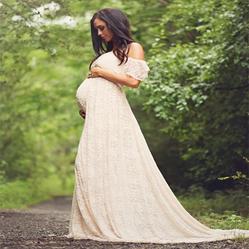 

Maternity Photography Props Pregnant Dress Lace Robe Off Shoulder Ruffles Fancy Maxi Maternity Gown Women Long Dress