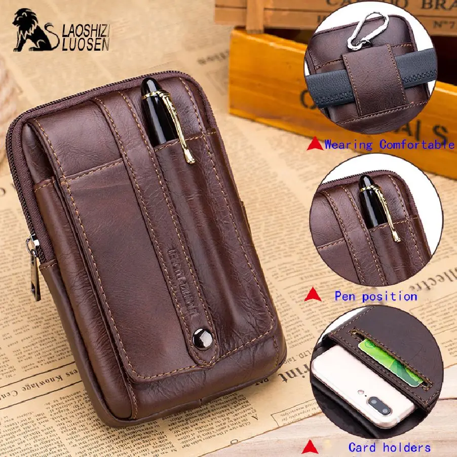 

LAOSHIZI LUOSEN Genuine Leather Men Fanny Waist Bag Mobile Phone Coin Purse Pocket Belt Bum Pouch Pack Travel Small Bag 91113