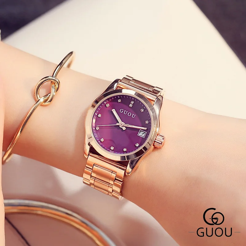

GUOU Fashion Casual Watches Women Full Steel Crystal Luxury Elegant Quartz Watch Ladies Calendar Dress Wristwatch Relojes Mujer
