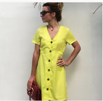 

Dress Women 2018 Summer Polyester A-line Short None Regular New Hot Single-breasted V-neck Solid Color Waist Dress Female