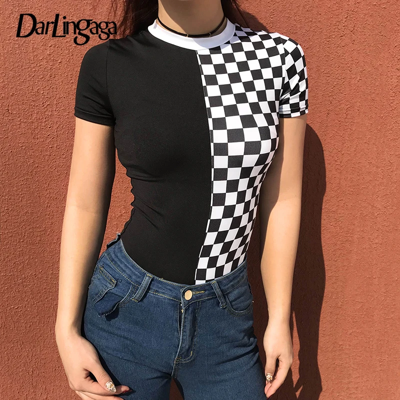 Darlingaga Fashion checkerboard bodysuit short sleeve body mujer bodycon jumpsuits for women 2020 black white checkered bodysuit Darlingaga Fashion checkerboard bodysuit short sleeve body mujer bodycon jumpsuits for women 2020 black white checkered bodysuit