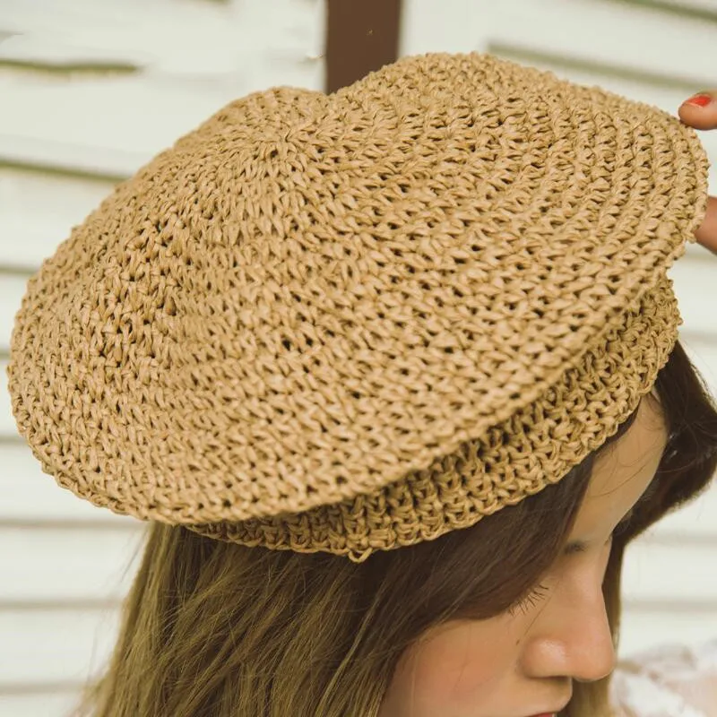 Новая бежевая соломенная шляпа от солнца из рафии, женская летняя повседневная Элегантная Женская шляпка-берет во французском стиле, модная весенняя винтажная шляпа для художников
